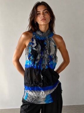 Bebe Blue and Gray Striped Top XS Silk Floral